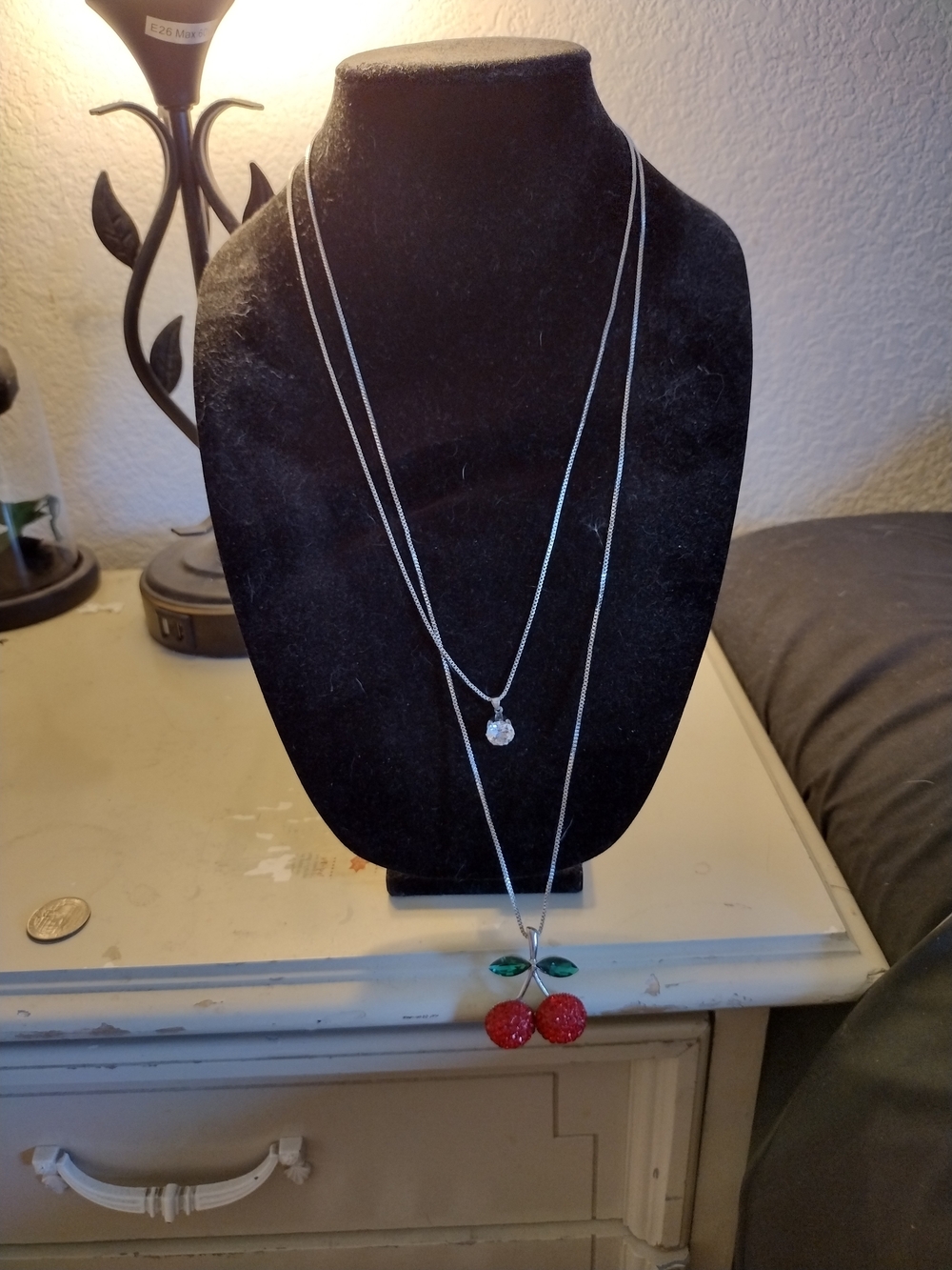 Betsey Johnson Silver-Tone Layered Necklace with Red Cherry and Green Leaves